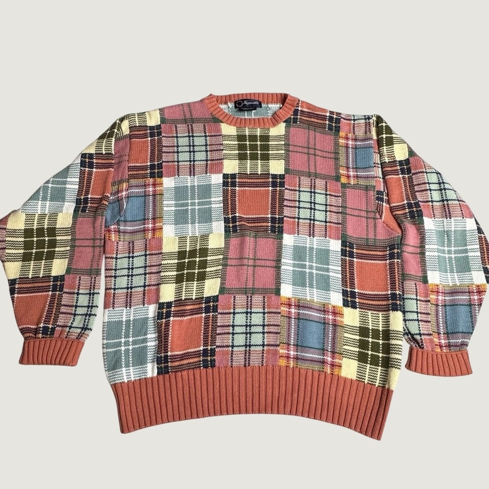 Faconnable Plaid Hand Knit Cotton Jacquard Sweater Men's XL - Salmon Multi-Color